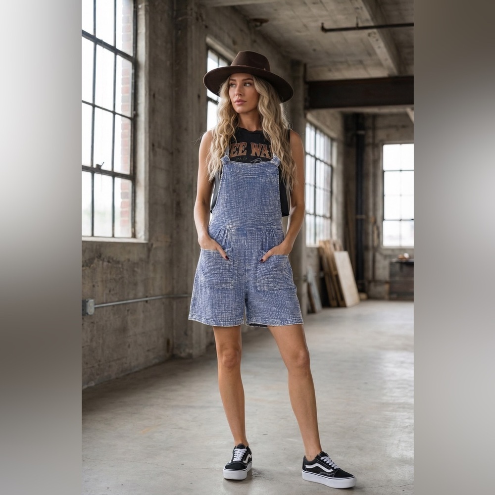 NWT Textured Gauze Washed Marlin Knot Strap Jumper Overalls Shortalls Romper - Picture 3 of 7